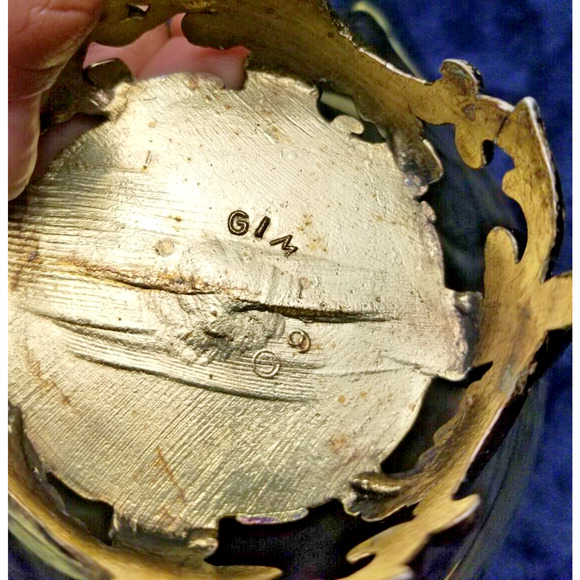 Vintage Mid Century Diamond Shape Amber Glass Bowl Ornate Brass Pedestal Base - Picture 9 of 16